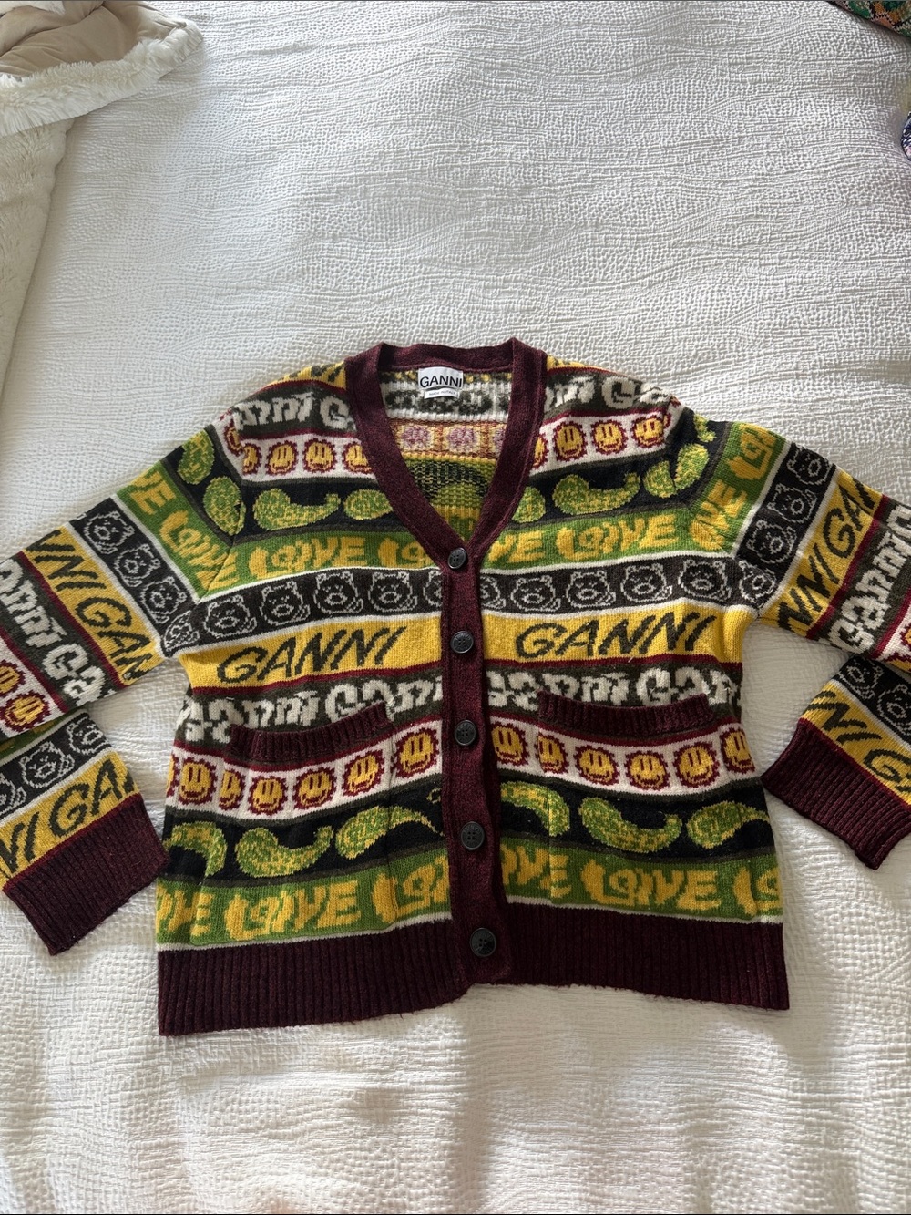 Ganni Multicolor Graphic Knit Cardigan - Green, Yellow, Burgundy